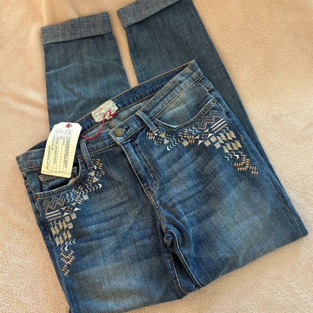 CURRENT/ELLIOTT The Rolled Skinny Mid-rise Jeans with Embroidery Detail in Blue